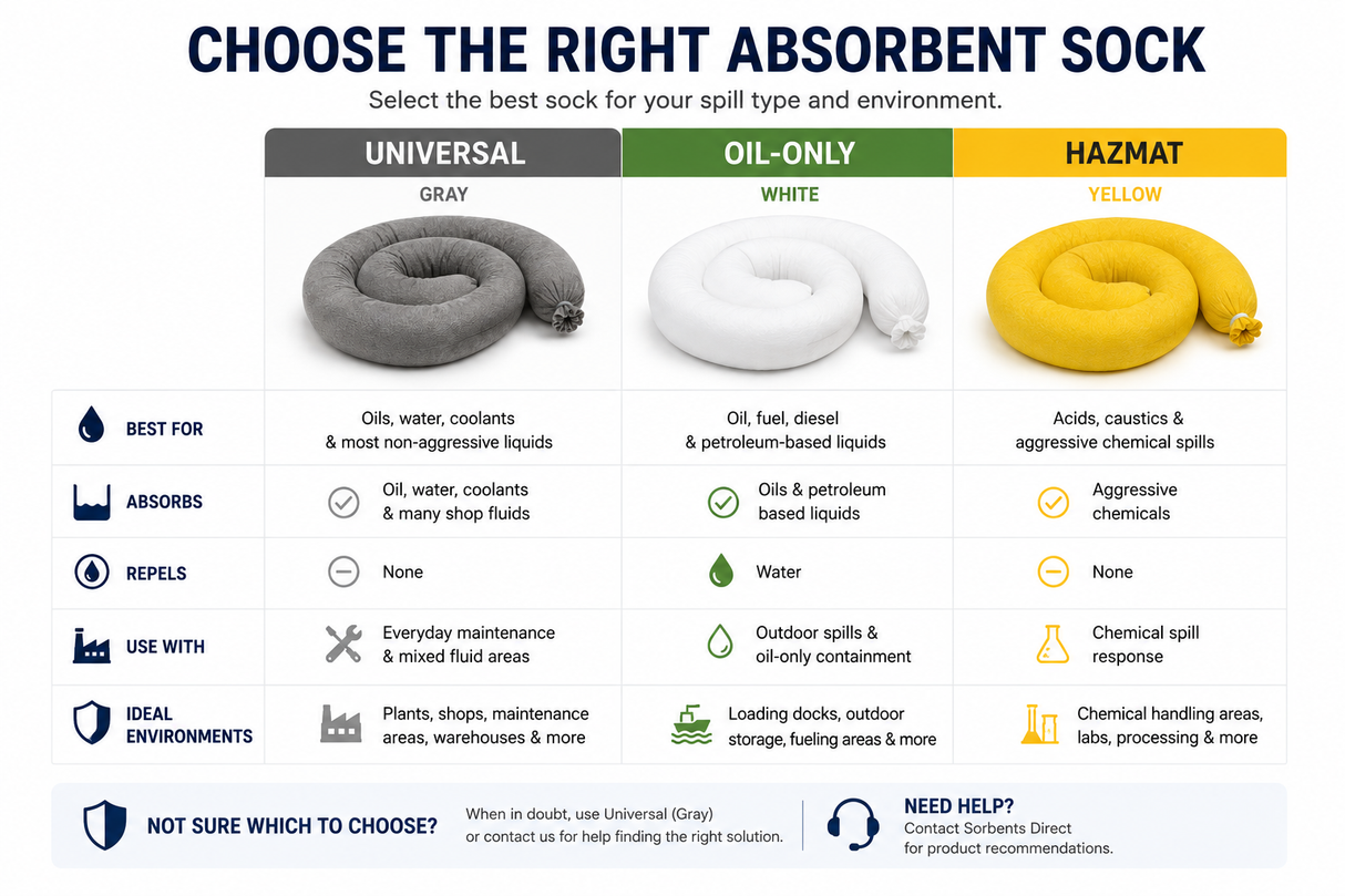 Absorbent sock selection guide comparing universal, oil-only and hazmat socks by spill type and application