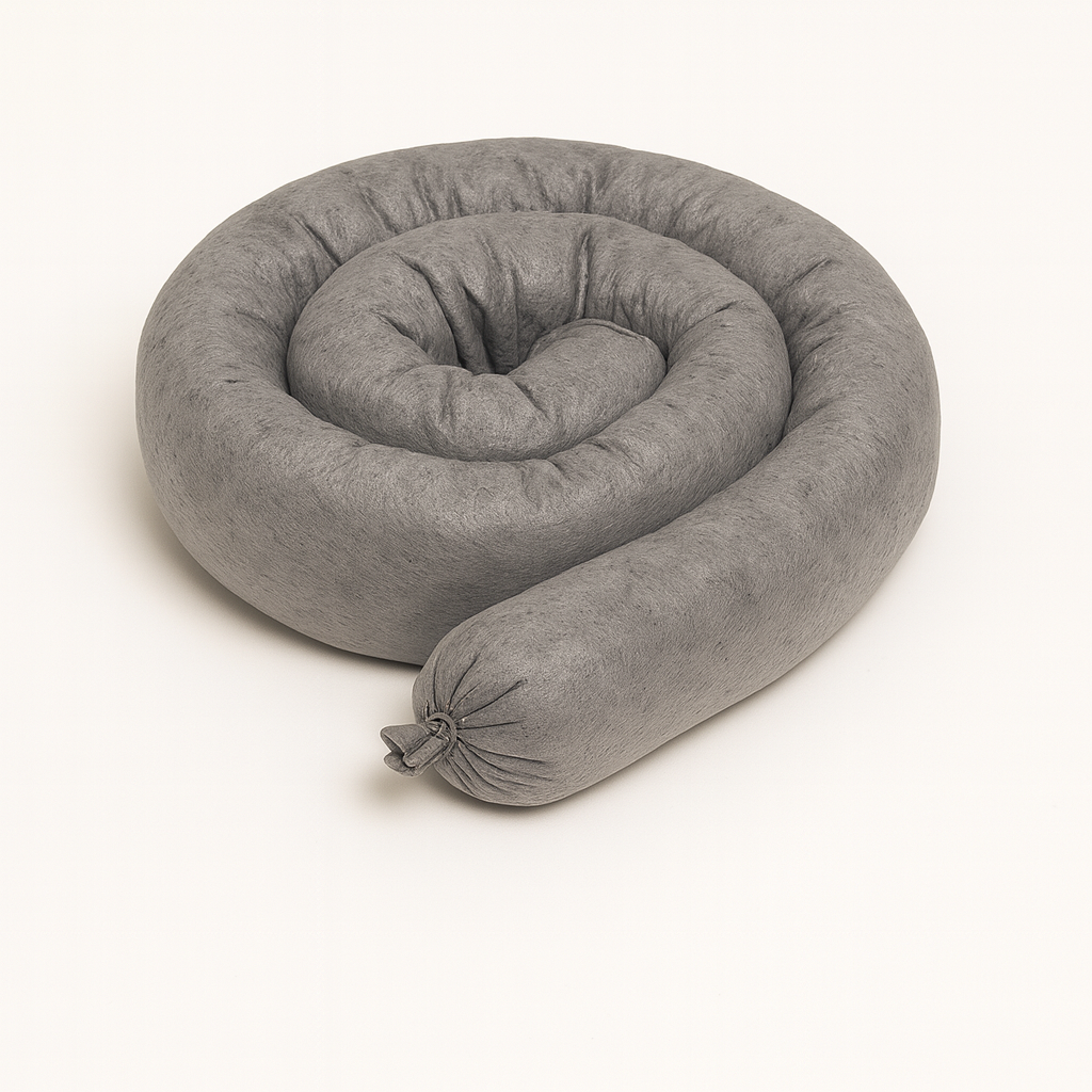 Coiled gray universal absorbent sock, 3 inches by 48 inches, for oil, coolant, and water spill containment in industrial settings.