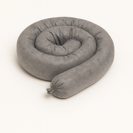 Coiled gray universal absorbent sock, 3 inches by 48 inches, for oil, coolant, and water spill containment in industrial settings.