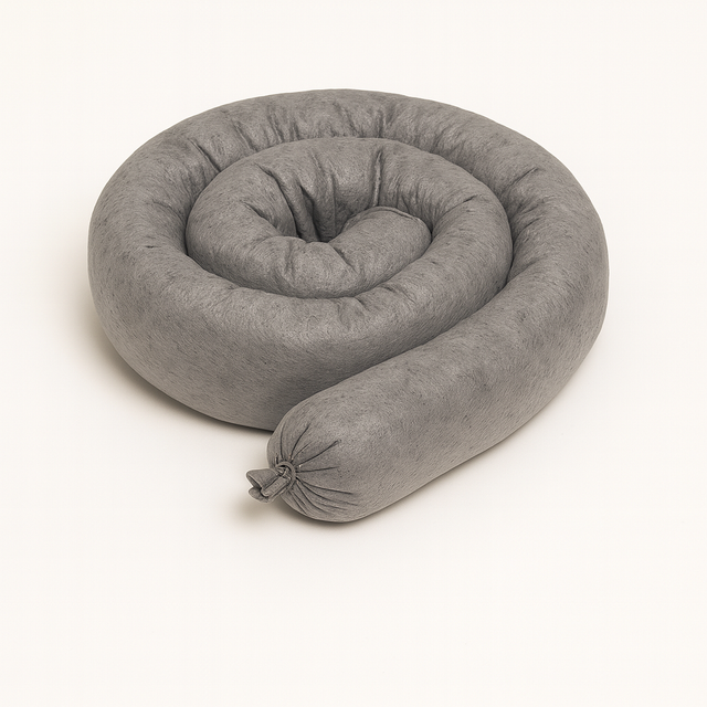 Coiled gray universal absorbent sock, 3 inches by 48 inches, for oil, coolant, and water spill containment in industrial settings.
