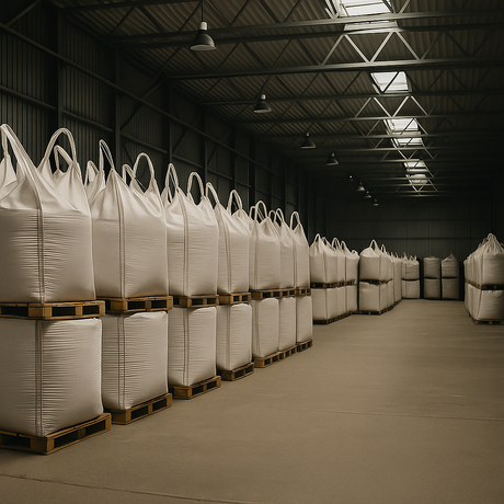 Interior of a large warehouse with stacked super sacks on pallets, used for bulk industrial sorbent storage

