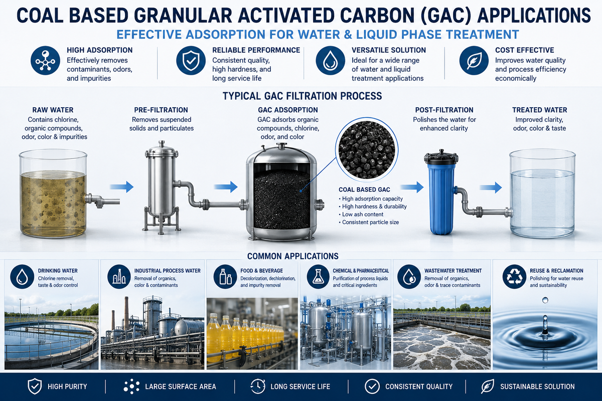 Coal-based granular activated carbon GAC filtration process for drinking water, industrial process water, and wastewater treatment