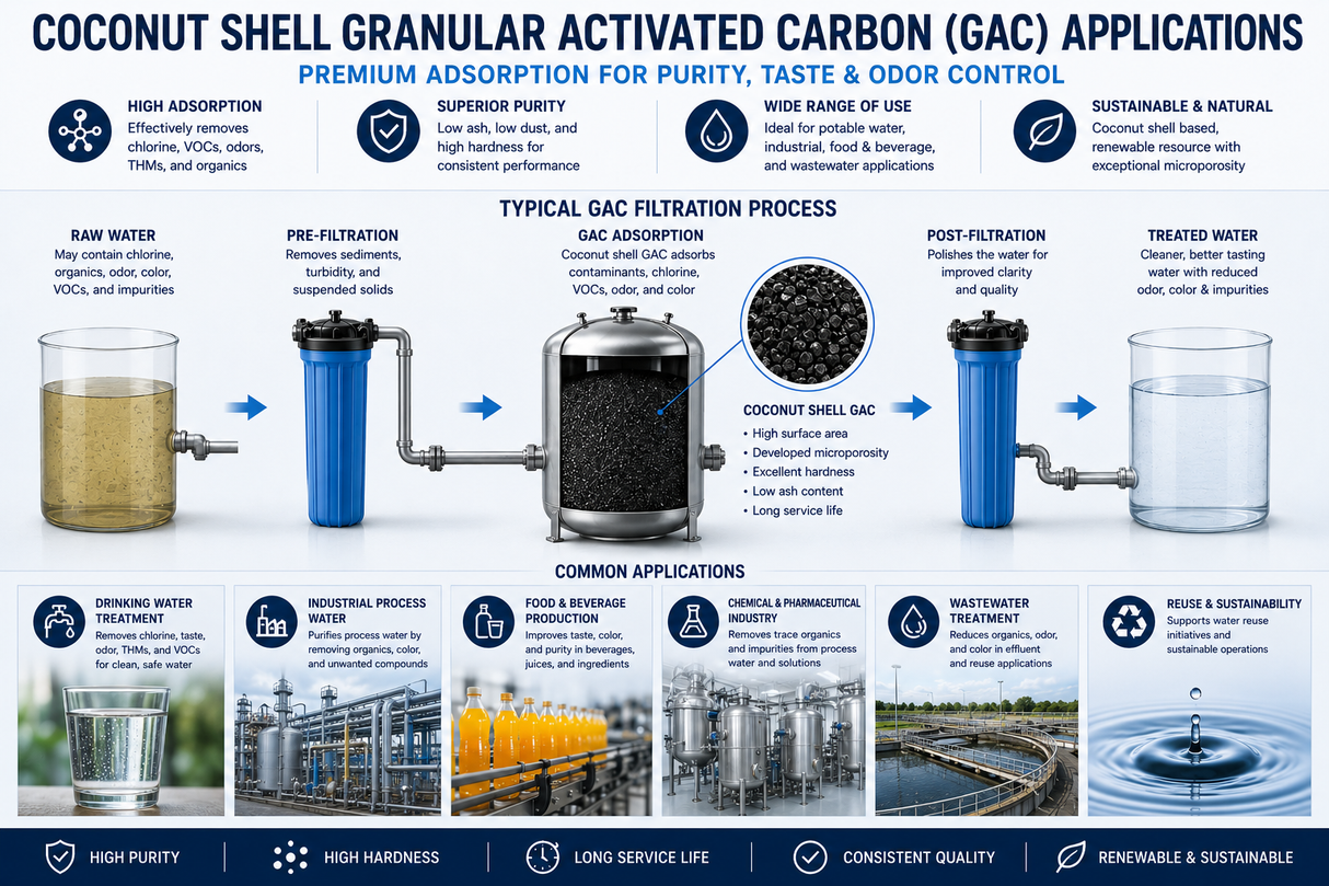 Coconut shell granular activated carbon applications for water treatment, dechlorination, odor control, beverage processing, and industrial purification.
