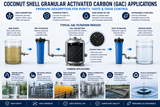 Coconut shell granular activated carbon applications for water treatment, dechlorination, odor control, beverage processing, and industrial purification.