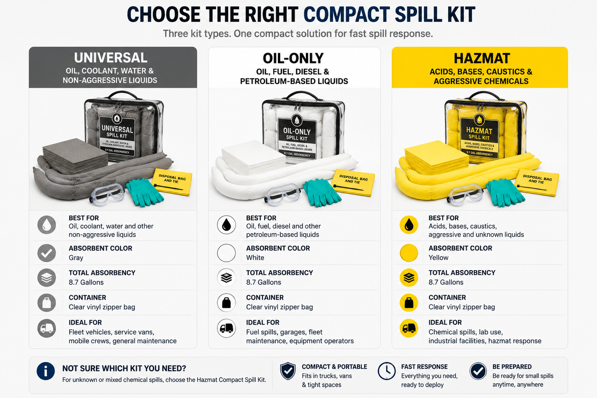 Comparison of Universal, Oil-Only and Hazmat compact spill kits by liquid type, absorbent color and application