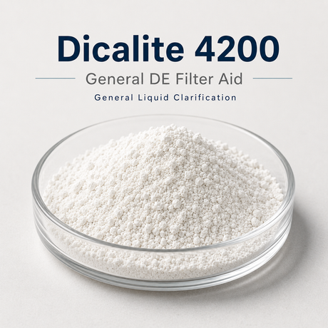 Dicalite 4200 general DE filter aid in a glass bowl on a light gray background