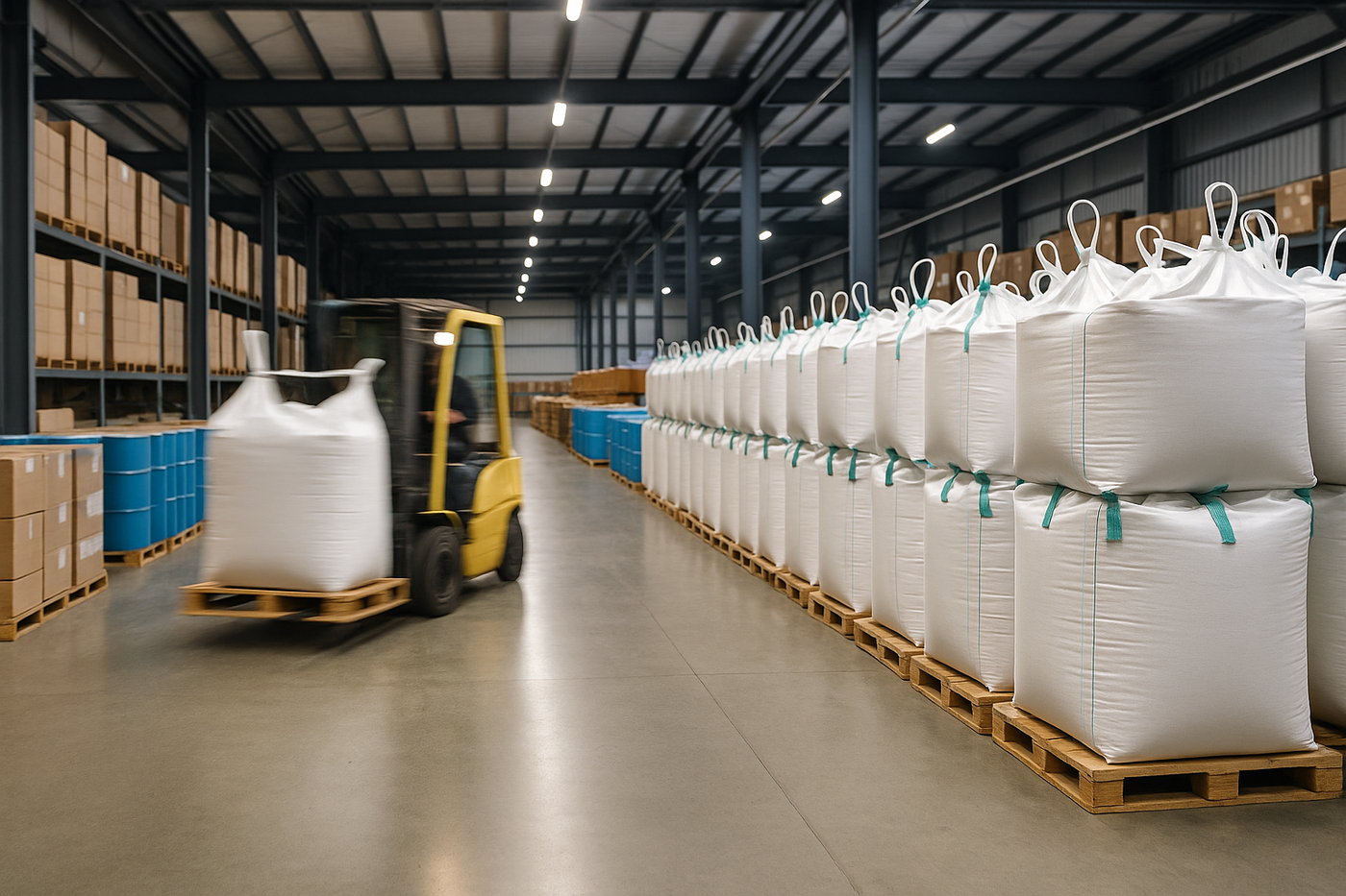 Warehouse interior with forklift and stacked bulk bags 