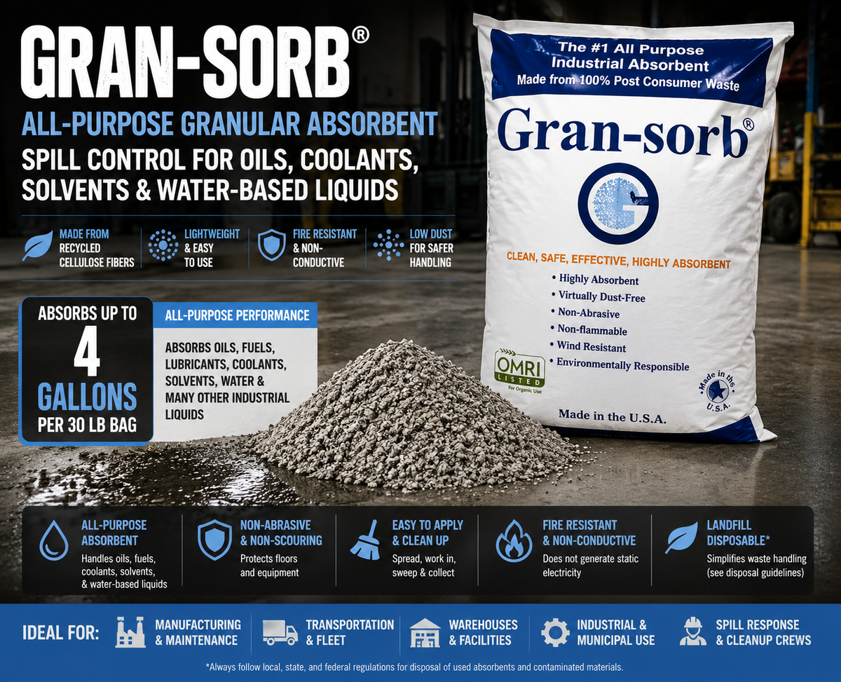 Gran-Sorb cellulose granular absorbent for oil, coolant, solvent and industrial spill cleanup