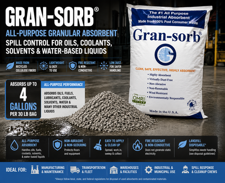 Gran-Sorb cellulose granular absorbent for oil, coolant, solvent and industrial spill cleanup