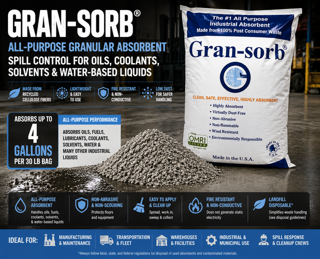 Gran-Sorb cellulose granular absorbent for oil, coolant, solvent and industrial spill cleanup