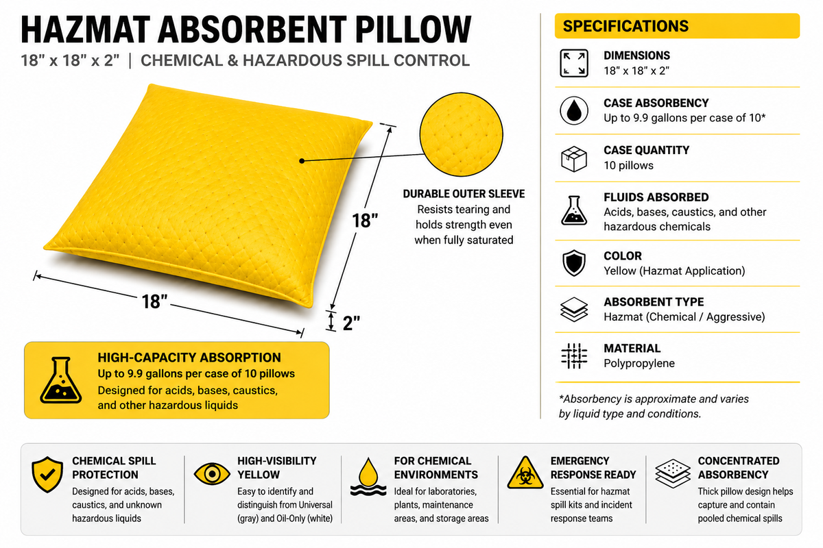 Hazmat absorbent pillow dimensions and specifications showing 18 x 18 x 2 inch size and 9.9 gallon case absorbency