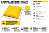 Hazmat absorbent pillow dimensions and specifications showing 18 x 18 x 2 inch size and 9.9 gallon case absorbency