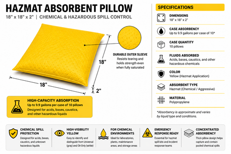 Hazmat absorbent pillow dimensions and specifications showing 18 x 18 x 2 inch size and 9.9 gallon case absorbency
