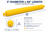 3 x 48 inch yellow hazmat absorbent sock dimensions and chemical spill absorbency specifications