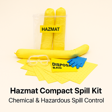 Hazmat compact spill kit with gloves, goggles, and disposal bag on a beige background
