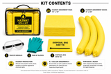 Hazmat compact spill kit contents including 20 absorbent pads, 3 socks, goggles, gloves, and disposal bag with tie.