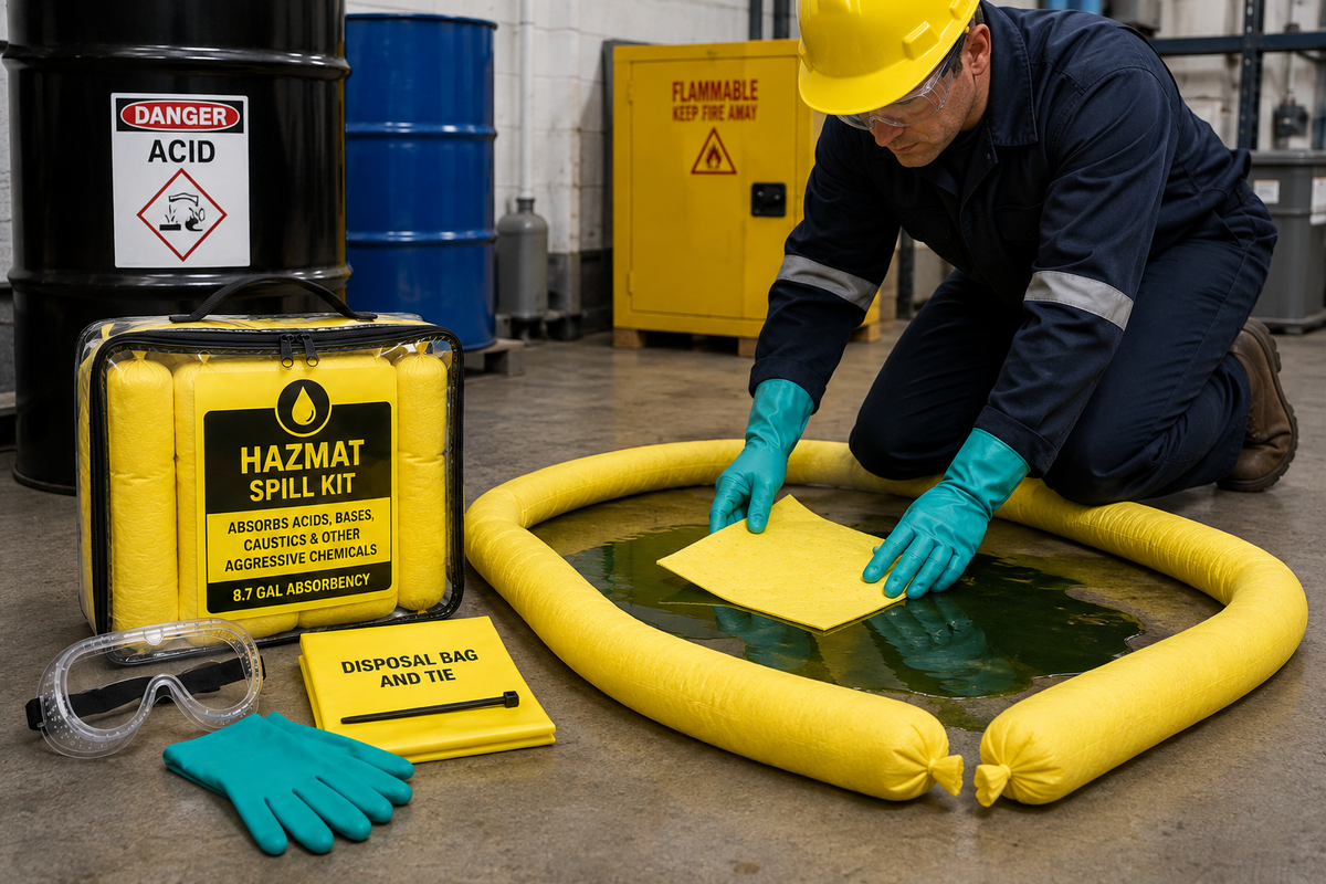 Worker using a Hazmat compact spill kit to contain and absorb a hazardous chemical spill in an industrial facility.