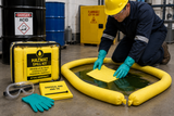 Worker using a Hazmat compact spill kit to contain and absorb a hazardous chemical spill in an industrial facility.