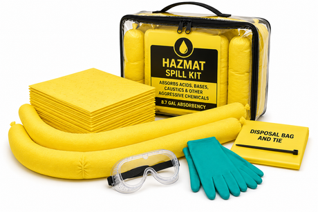 Hazmat compact spill kit with yellow chemical absorbent pads, socks, goggles, gloves, and disposal bag.