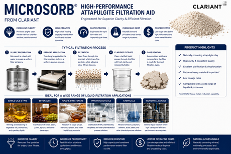 Microsorb attapulgite filtration aid process and applications for edible oils, beverages, food, chemicals, pharmaceuticals, and industrial liquids.