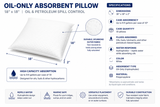 Oil-only absorbent pillow dimensions and specifications showing 18 x 18 x 2 inch size and 9.9 gallon case absorbency
