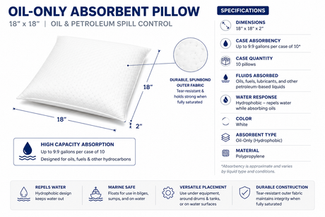 Oil-only absorbent pillow dimensions and specifications showing 18 x 18 x 2 inch size and 9.9 gallon case absorbency