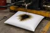 White oil-only absorbent pillow capturing an oil leak beneath industrial hydraulic equipment