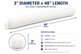 Oil-only absorbent sock dimensions showing 3 inch diameter, 48 inch length and product specifications