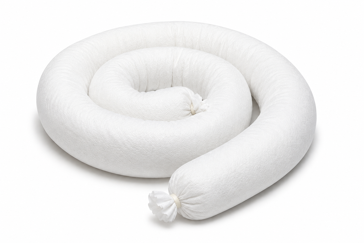 White 3 x 48 inch oil-only absorbent sock for containing petroleum and oil spills