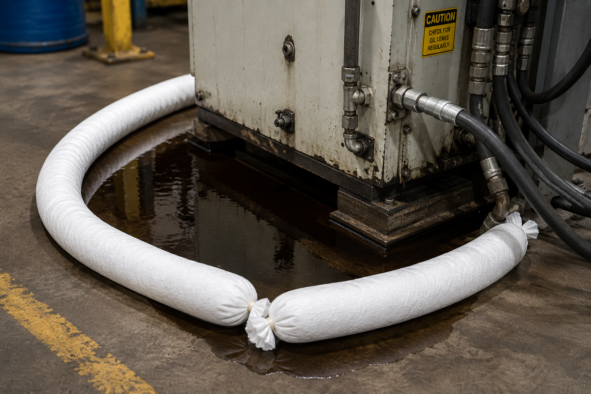 White oil-only absorbent socks containing a petroleum leak around industrial equipment