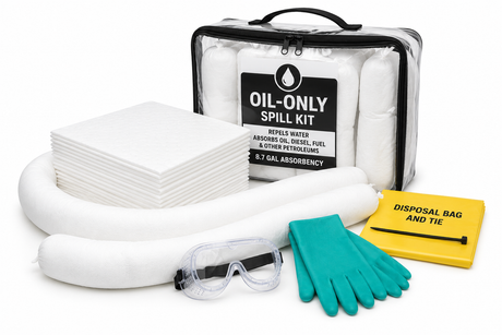 Oil-only compact spill kit with white absorbent pads, socks, gloves, goggles, and disposal bag for petroleum spills.