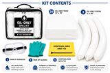 Oil-only compact spill kit contents including 20 absorbent pads, 3 socks, goggles, gloves, and disposal bag with tie.