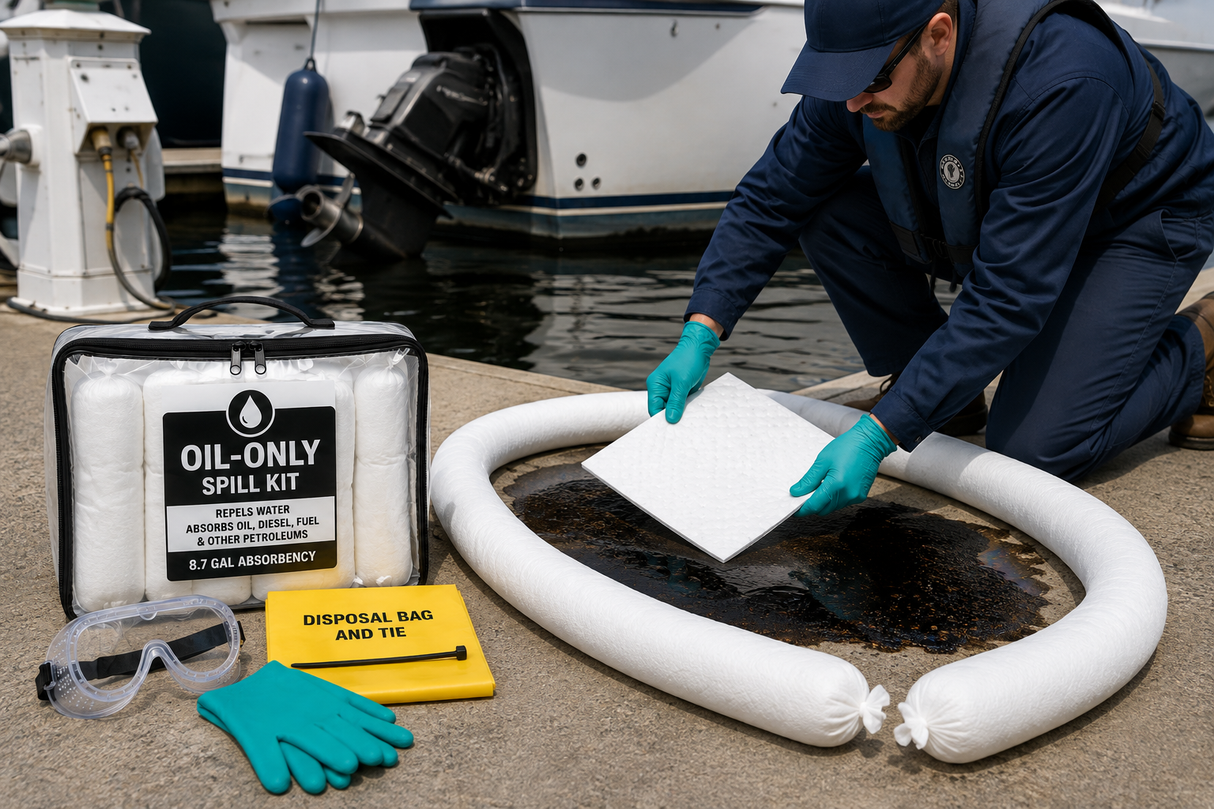 Oil-only compact spill kit in use at a marina to contain and absorb an oil spill while repelling water.