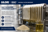 Oil-Dri B80 naturally active bentonite application guide showing plate-and-frame filtration for edible oil, renewable fuel, and industrial liquid clarification.