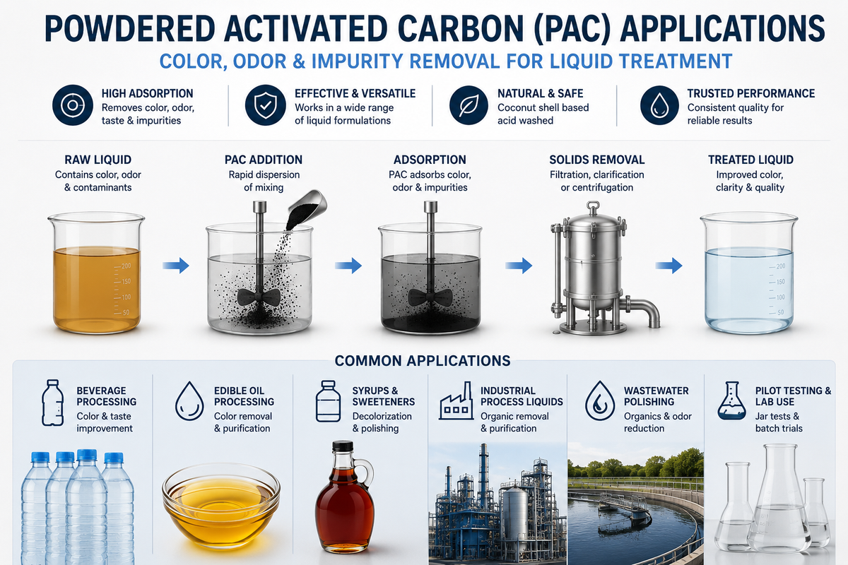 Powdered activated carbon treatment process and applications for beverage, edible oil, industrial liquids, and wastewater polishing
