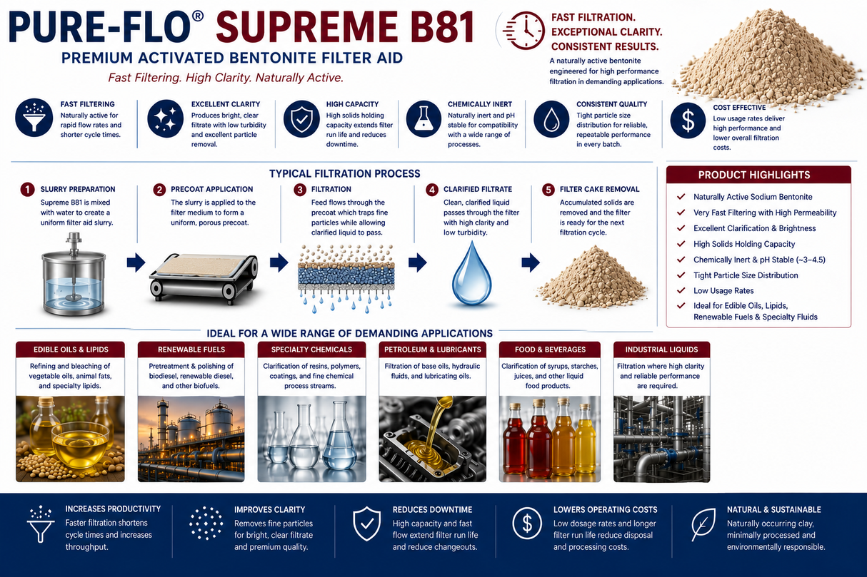 Pure-Flo Supreme B81 bentonite filter aid applications for edible oils, renewable fuels, lubricants, chemicals, food and industrial liquid filtration