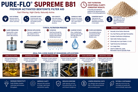 Pure-Flo Supreme B81 bentonite filter aid applications for edible oils, renewable fuels, lubricants, chemicals, food and industrial liquid filtration