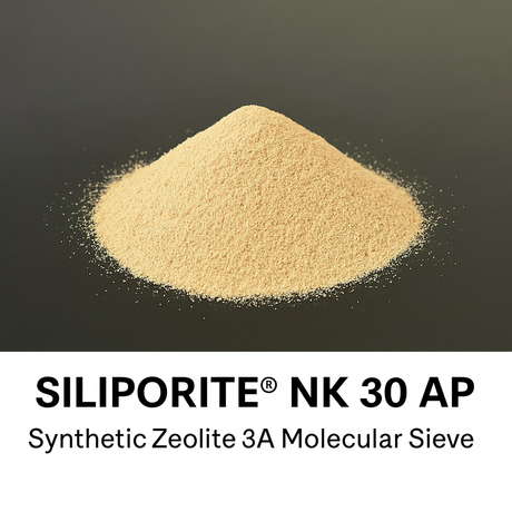 Pile of Siliporite NK 30 AP synthetic zeolite on a black background