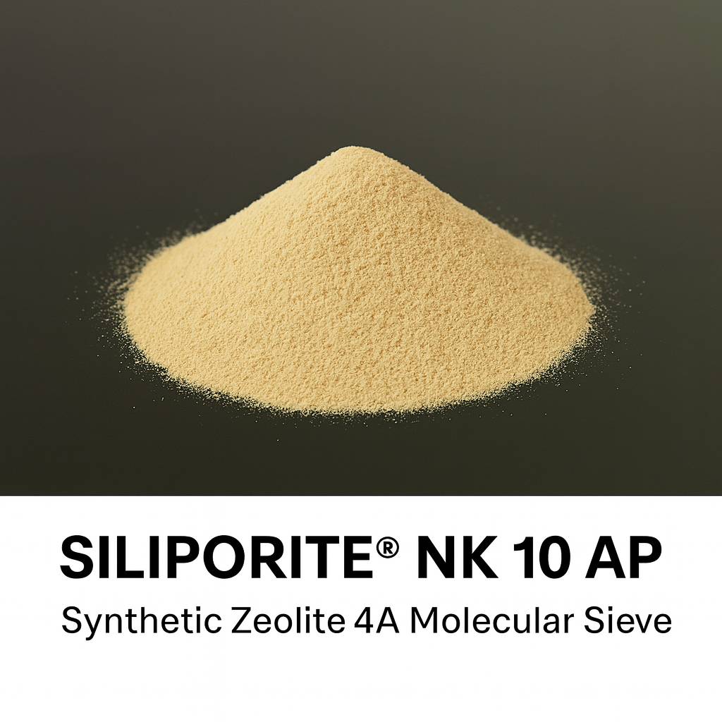 Pile of Siliporite NK 10 AP synthetic zeolite 4A molecular sieve on a black background