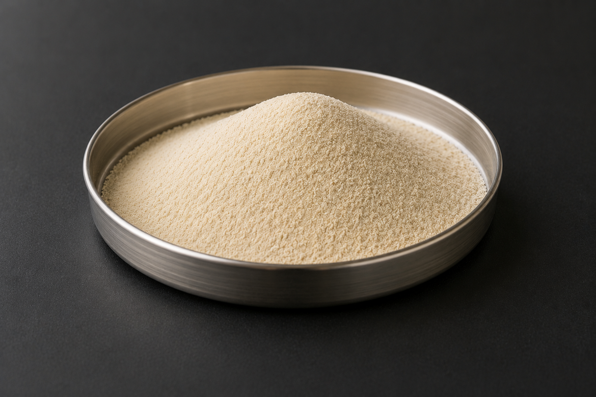 Arkema SILIPORITE NK 10 AP 4A synthetic zeolite molecular sieve powder in a stainless steel sample dish.