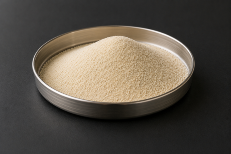 Arkema SILIPORITE NK 10 AP 4A synthetic zeolite molecular sieve powder in a stainless steel sample dish.
