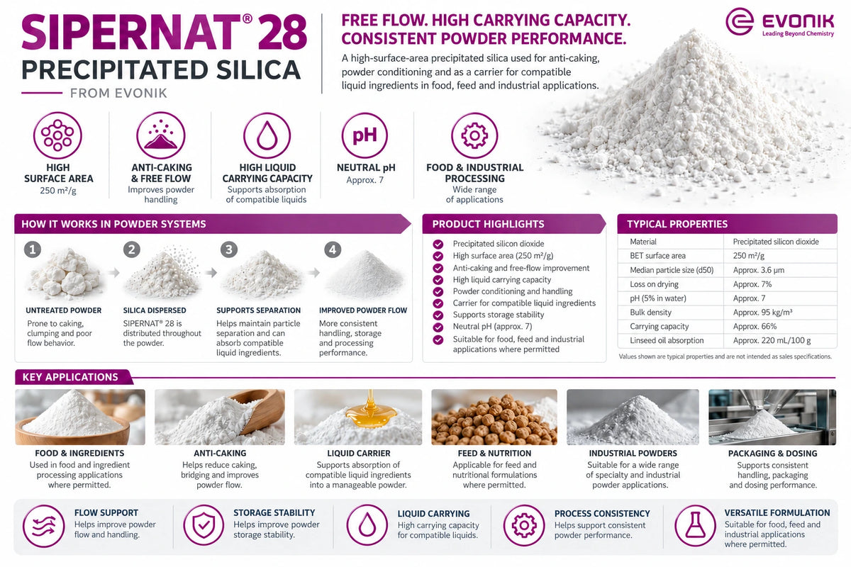 SIPERNAT 28 precipitated silica application guide showing anti-caking, free-flow, carrier uses, and typical properties.