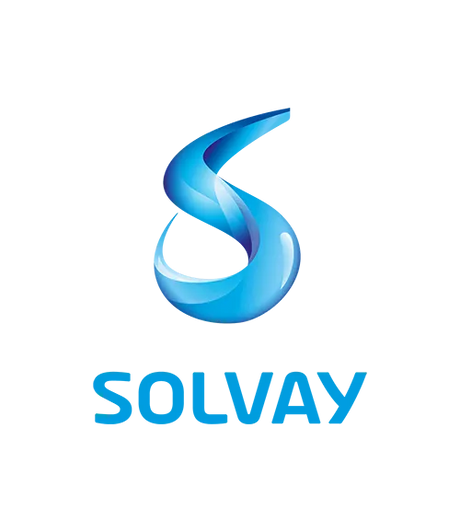 Solvay logo with a blue 'S' on a white background