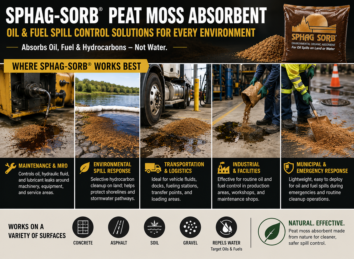 Sphag-Sorb peat moss absorbent applications for oil and fuel spill response in industrial, fleet and outdoor environments