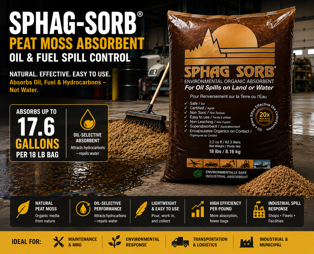 Sphag-Sorb peat moss absorbent for oil, fuel and hydrocarbon spill cleanup