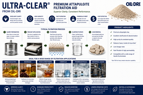 Ultra-Clear attapulgite filtration aid process and applications for edible oils, renewable fuels, food and beverages, chemicals, and industrial liquids.