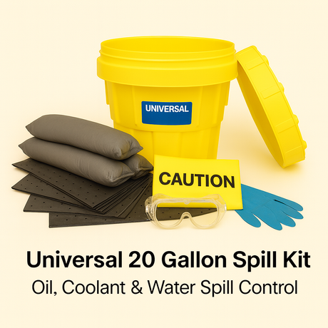 Universal 20 Gallon Spill Kit with yellow bucket, absorbent pads, gloves, goggles, and caution sign on a beige background.