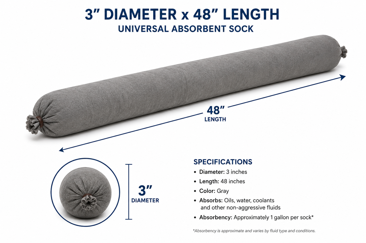 Universal absorbent sock dimensions showing 3-inch diameter by 48-inch length