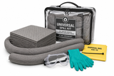 Universal compact spill kit with gray absorbent pads, socks, gloves, goggles and disposal bag