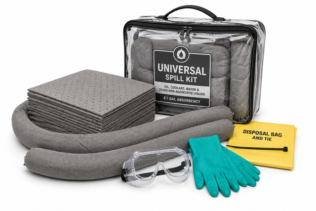 Universal compact spill kit with gray absorbent pads, socks, gloves, goggles and disposal bag